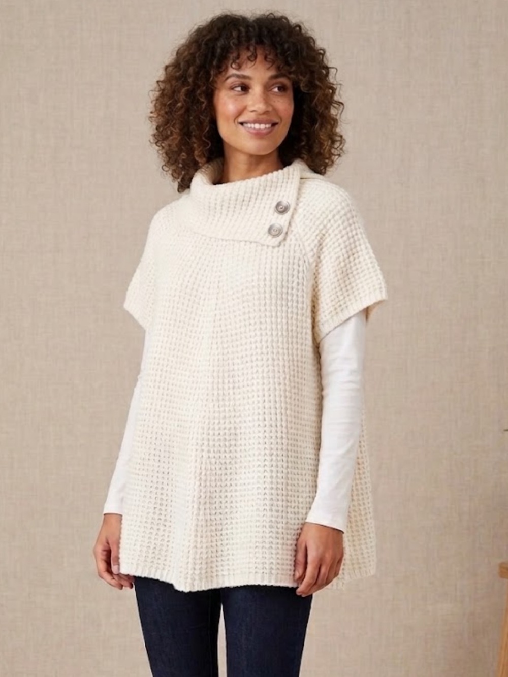 Worthington Cream Knit Short-Sleeve Funnel Neck Pullover